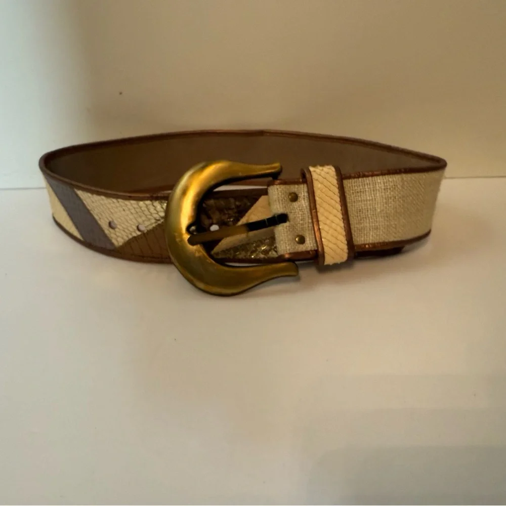 DUSTY BAKER BELT WIDE CREAM FABRIC SNAKESKIN METALLIC BRONZE GOLD SIZE M